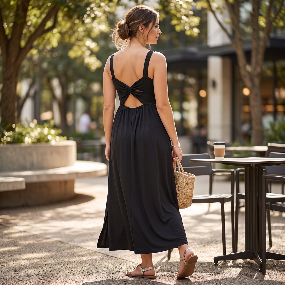 Halara Dress Womens XL Black Back Twist Built-in Bra Slit Sleeveless Maxi Casual